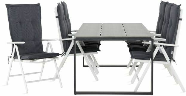 Ruokailuryhmä Turieno 210x100cm, 6 Maggie-tuolia valkoinen/harmaa + harmaat pehmusteet