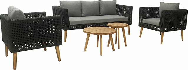 Oleskeluryhmä Esmeen 3-istuttava sohva + 2 tuolia + 2 pöytää musta/harmaa/akaasia