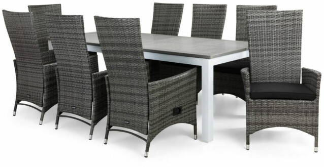 Ruokailuryhmä Monaco 220-280cm, 8 Jenny-tuolia, valkoinen/harmaa + mustat pehmusteet