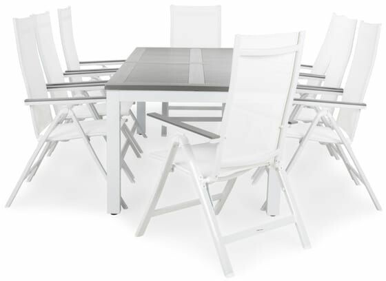 Ruokailuryhmä Monaco 220-280cm, 8 Monaco Light -tuolia, valkoinen