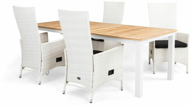 Ruokailuryhmä Las Vegas 220-280cm, 4 Jenny-tuolia, valkoinen/tiikki/musta
