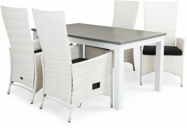 Ruokailuryhmä Monaco 152-210cm, 4 Jenny-tuolia, valkoinen/harmaa + mustat pehmusteet
