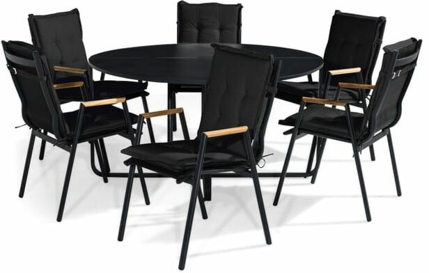 Ruokailuryhmä Flippy Ø140cm, 6 Las Vegas -tuolia, musta/tiikki + pehmusteet, eri värejä