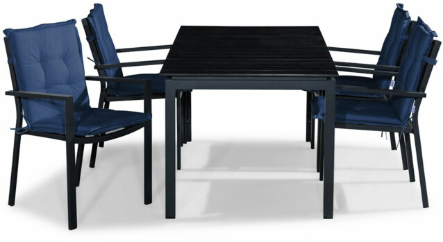 Ruokailuryhmä Tunis 152-210x90cm, 4 tuolia, musta + siniset pehmusteet