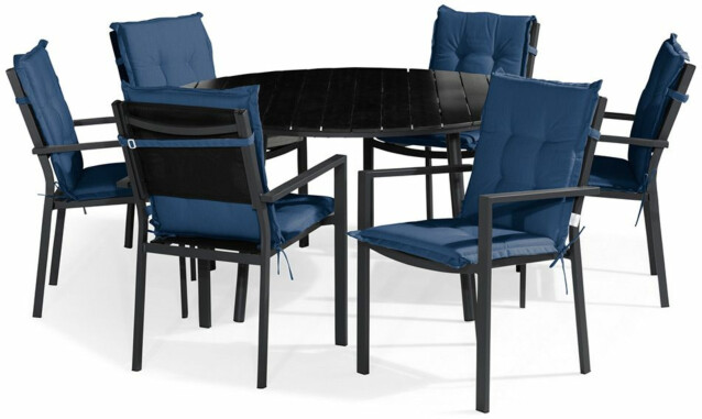 Ruokailuryhmä Tunis Ø140cm, 6 tuolia, musta + siniset pehmusteet