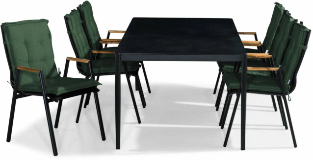 Ruokailuryhmä Alex 200x100cm + 6 Las Vegas -tuolia, musta/tiikki + pehmusteet, eri värejä