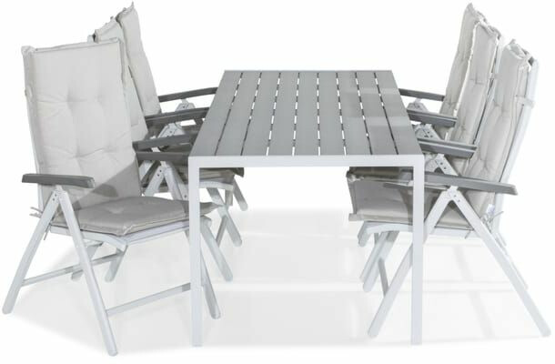 Ruokailuryhmä Tunis 205x90cm, 6 Monaco Lyx -tuolia, valkoinen/harmaa + pehmusteet, eri värejä