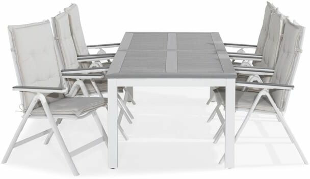 Ruokailuryhmä Monaco 220-280x100cm, 6 Monaco Light -tuolia, valkoinen/harmaa + pehmusteet, eri värejä