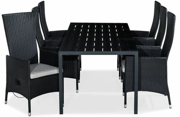 Ruokailuryhmä Tunis 205x90cm, 6 Jenny-tuolia, musta + luonnonvalkoiset pehmusteet