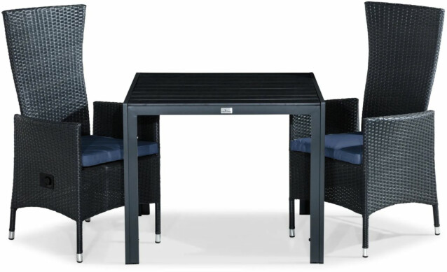 Ruokailuryhmä Tunis 90x90cm, 2 Jenny-tuolia, musta + siniset pehmusteet