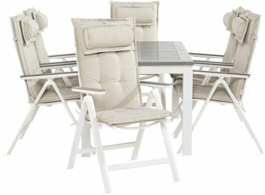 Ruokailuryhmä Monaco 90x152-210cm, 6 Monaco Light -tuolia valkoinen/harmaa + pehmusteet niskatyynyillä, eri värejä