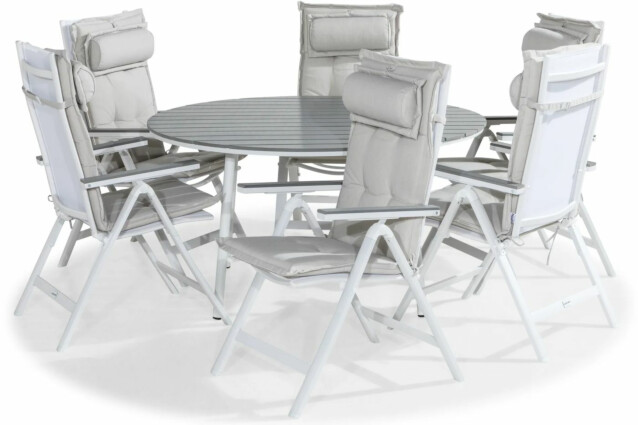 Ruokailuryhmä Tunis Ø140cm, 6 Monaco Light -tuolia, valkoinen/harmaa + pehmusteet niskatyynyillä, eri värejä