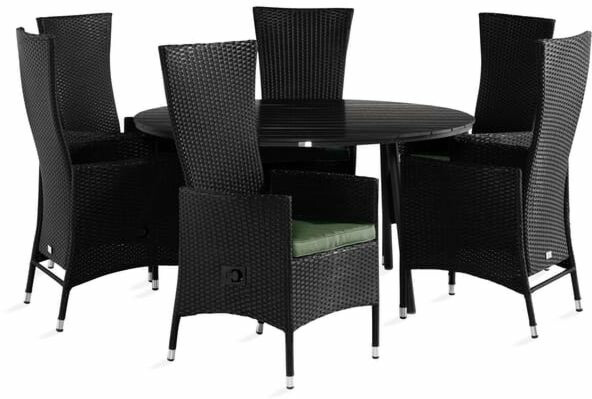 Ruokailuryhmä Tunis Ø140cm, 6 Jenny-tuolia, musta + pehmusteet, eri värejä
