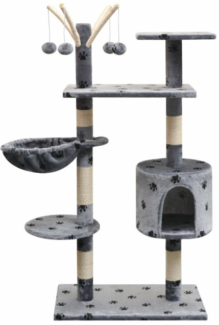 Kissan raapimispuu, sisal-pylväillä, 1 pesällä, 125cm, tassukuvio, harmaa
