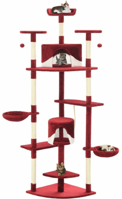 Kissan kiipeilypuu, sisal-pylväillä, 203cm, punainen/valkoinen