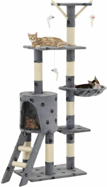 Kissan kiipeilypuu, sisal-pylväillä, 49x35x138cm, tassukuvio, harmaa