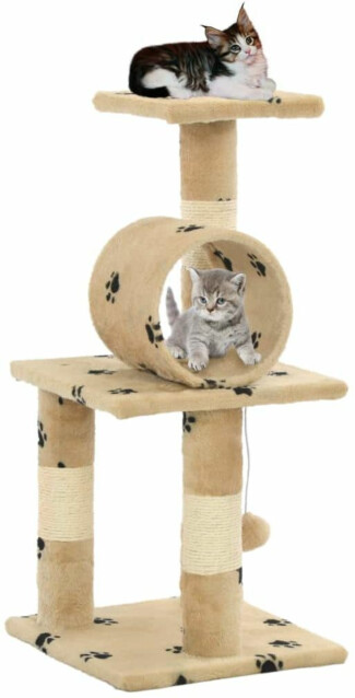 Kissan kiipeilypuu, sisal-pylväillä, 30x30x65cm, tassukuvio, tunnelilla, beige