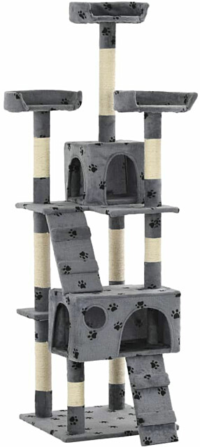 Kissan raapimispuu, sisal-pylväillä, 50x50x170cm, tassukuvio, harmaa