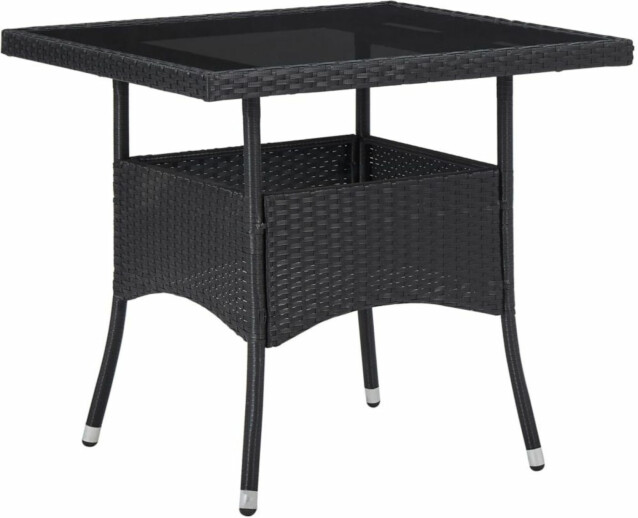 Ulkoruokapöytä, 80x80x75 cm, musta polyrottinki ja lasi