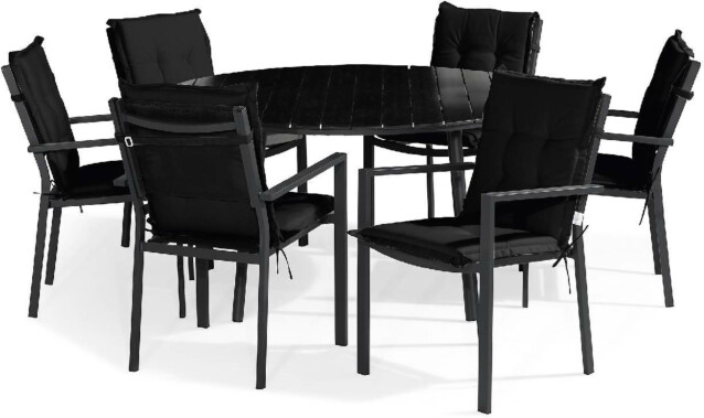 Ruokailuryhmä Tunis pyöreä 6 tuolia + mustat pehmusteet musta