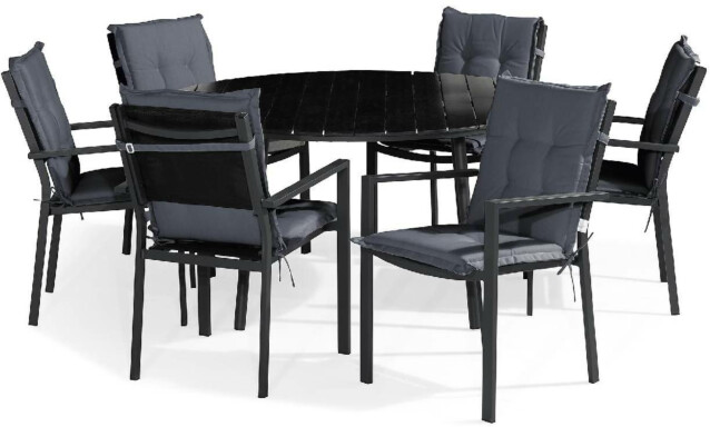 Ruokailuryhmä Tunis pyöreä 6 tuolia + harmaat pehmusteet musta