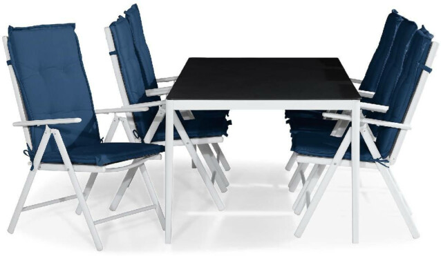 Ruokailuryhmä Alex 6 Maggie tuolia + siniset pehmusteet harmaa