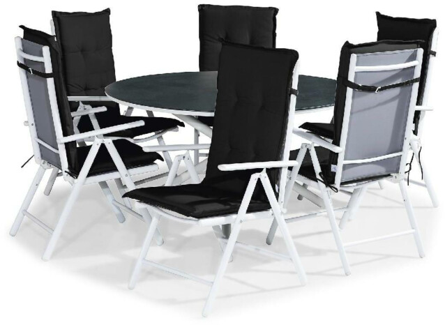 Ruokailuryhmä Alex pyöreä 6 Maggie tuolia + mustat pehmusteet harmaa