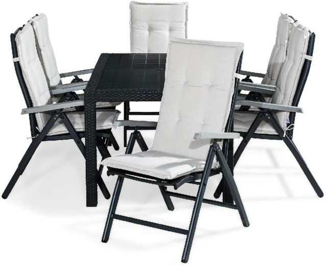 Ruokailuryhmä Melody 6 Monaco tuolia + valkoiset pehmusteet musta