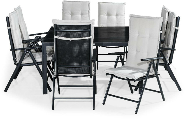 Ruokailuryhmä Tunis 8 Monaco Lyx tuolia + valkoiset pehmusteet musta