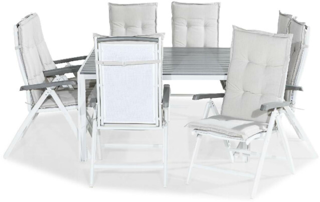 Ruokailuryhmä Tunis 8 Monaco Lyx tuolia + valkoiset pehmusteet harmaa