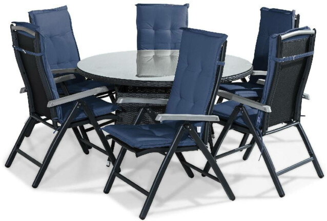 Ruokailuryhmä Thor 6 Monaco tuolia + siniset pehmusteet musta