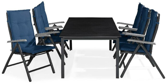 Ruokailuryhmä Tunis 6 Monaco Lyx tuolia + siniset pehmusteet musta