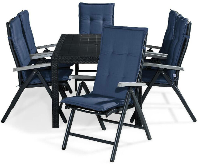 Ruokailuryhmä Melody 6 Monaco tuolia + siniset pehmusteet musta