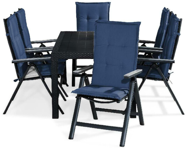 Ruokailuryhmä Melody 6 Monaco Light tuolia + siniset pehmusteet musta