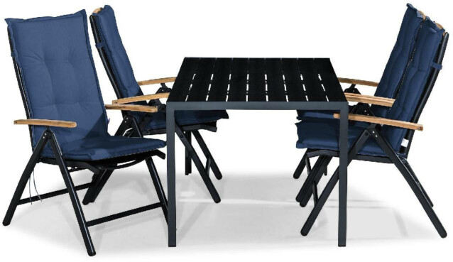 Ruokailuryhmä Tunis 4 Las Vegas Lyx tuolia + siniset pehmusteet musta