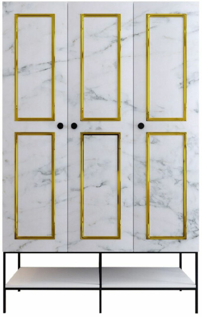 Vaatekaappi Linento Furniture Martin 3, 140cm, valkoinen marmori/kulta