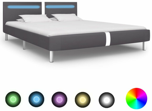 Sängynrunko led-valolla harmaa keinonahka 150x200cm_1