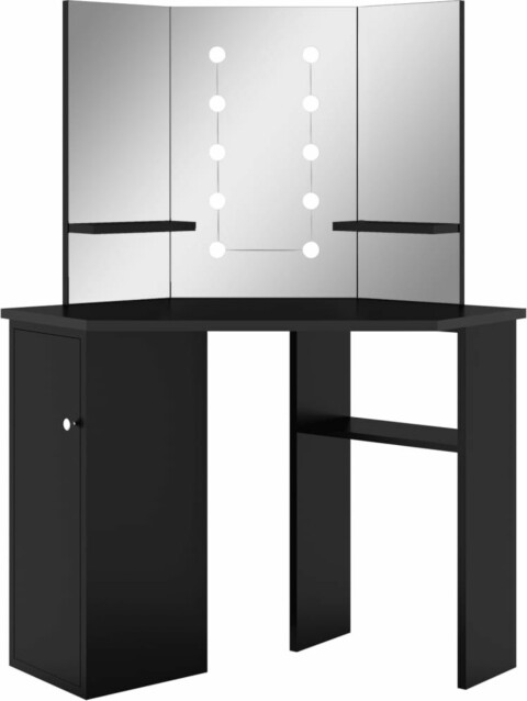 Meikkipöytä kulmaan, LED-valoilla, musta 111x54x141.5cm