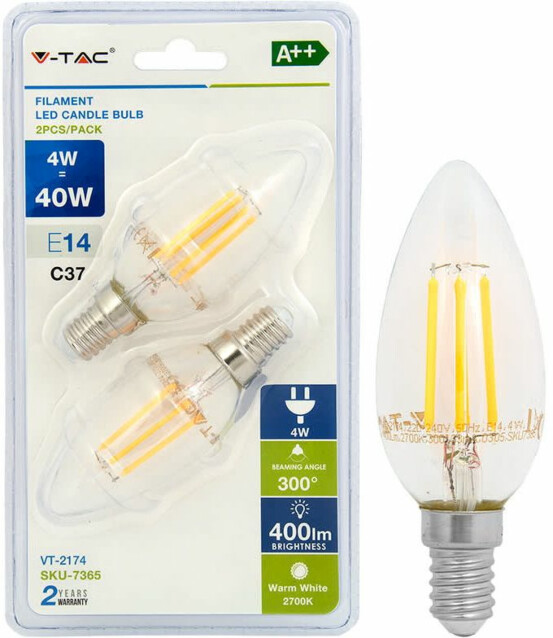 LED-filamenttilamppu V-TAC 4 W E14 2700 K 2 kpl