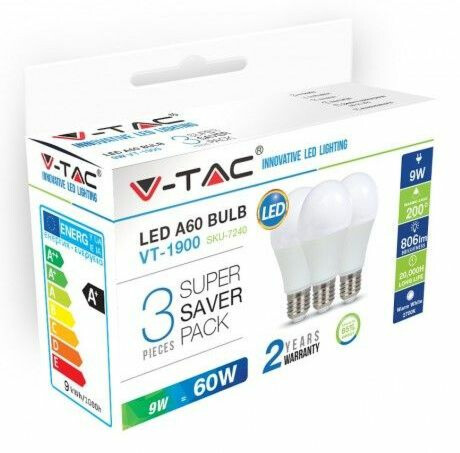 LED-lamppu V-TAC A60 Vt-1900 E27 10W 2700K Ø 60mm valkoinen 3 kpl/pkt