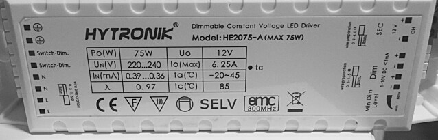 LED-muuntaja FTLight 12V, 75W, IP20, himmennettävä, painonappi, 1-10V