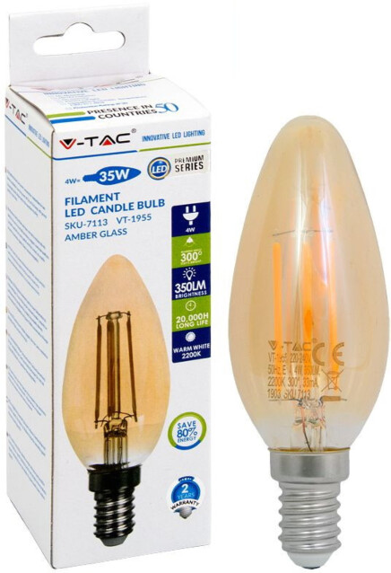 LED-polttimo V-TAC 4W E14 2200 K, 350 lm, kynttilämalli, meripihka