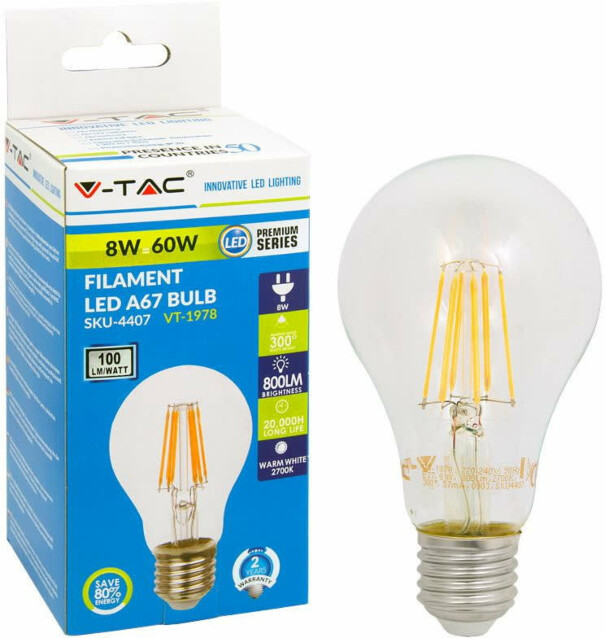 LED-polttimo V-TAC 8W E27 2700 K, 800 lm, A67 filamentti
