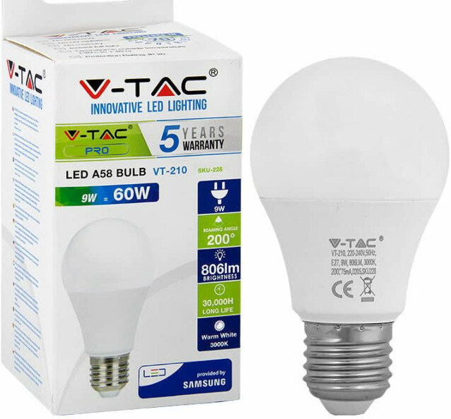 LED-polttimo V-TAC 9 W E27 3000 K