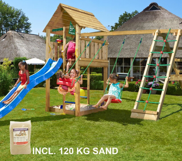 Leikkikeskus Jungle Gym Cabin ja Climb Module X'tra sis. 120 kg hiekkaa ja sinisen liukumäen