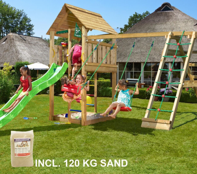 Leikkikeskus Jungle Gym Cabin ja Climb Module X'tra sis. 120 kg hiekkaa ja vihreän liukumäen