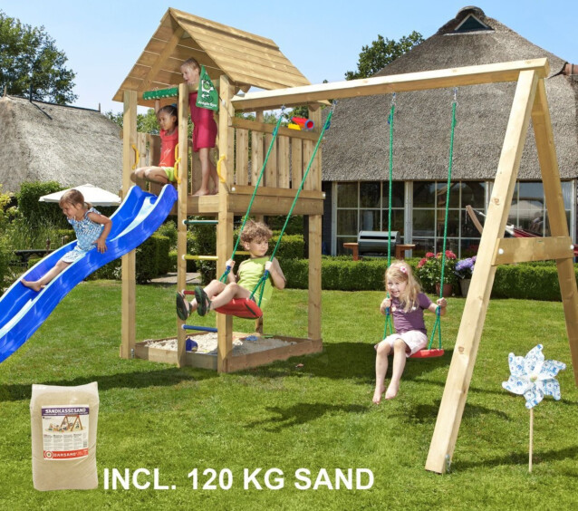 Leikkikeskus Jungle Gym Cabin ja Swing Module X'tra sis. 120 kg hiekkaa ja sinisen liukumäen