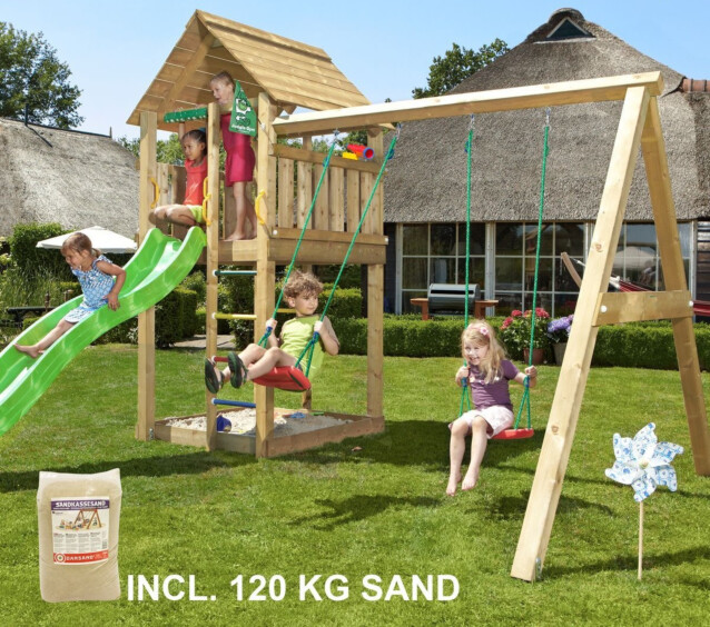 Leikkikeskus Jungle Gym Cabin ja Swing Module X'tra sis. 120 kg hiekkaa ja vihreän liukumäen