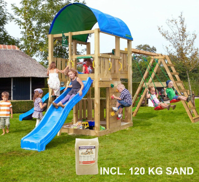 Leikkikeskus Jungle Gym Farm ja Climb Module X'tra sis. 120 kg hiekkaa ja sinisen liukumäen