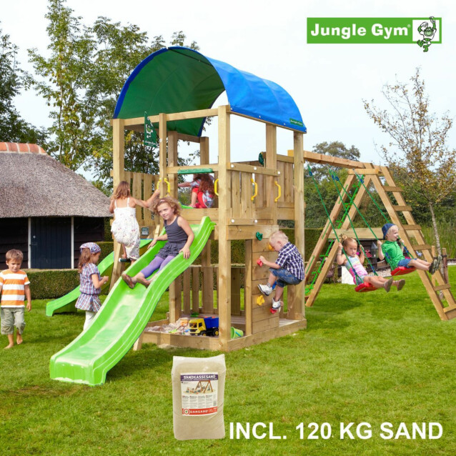 Leikkikeskus Jungle Gym Farm ja Climb Module X'tra sis. 120 kg hiekkaa ja vihreän liukumäen